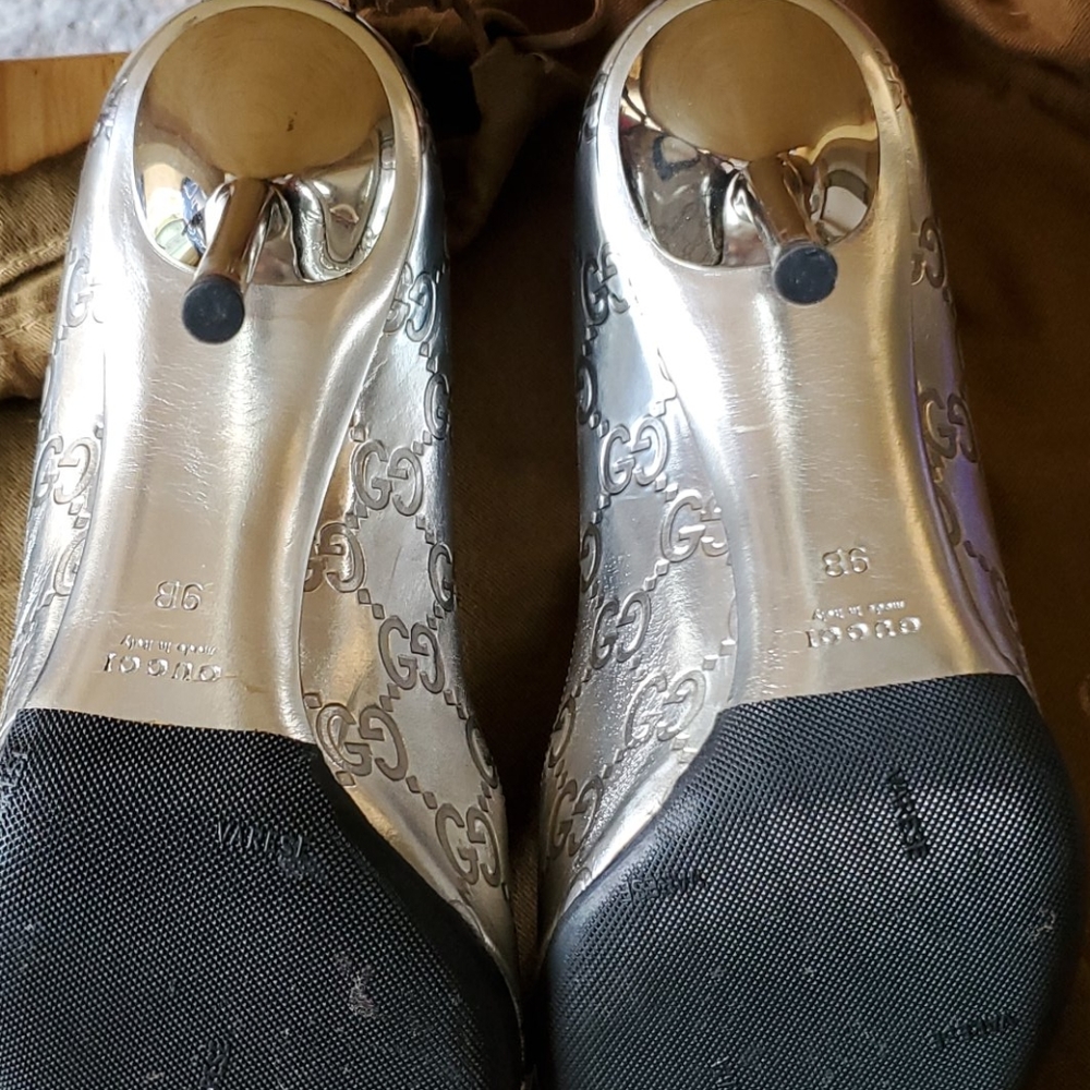 Gucci Silver GG Leather Shiny 4 inch Hill Open Toe - Picture 11 of 16